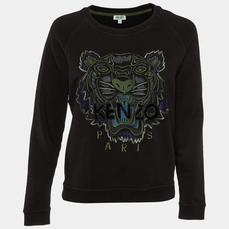 Pre Owned Kenzo Black Tiger Embroidered Cotton Crew Neck Sweatshirt S