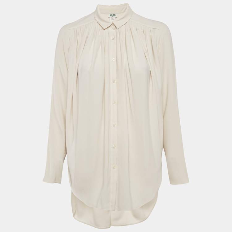 Pre Owned Kenzo Off-White Satin Pleated Button Front Blouse M