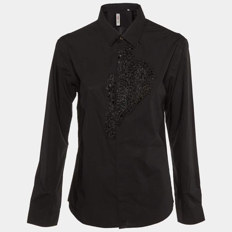 Pre Owned Kenzo Defile Black Cotton Ribbon Detail Button Up Shirt L