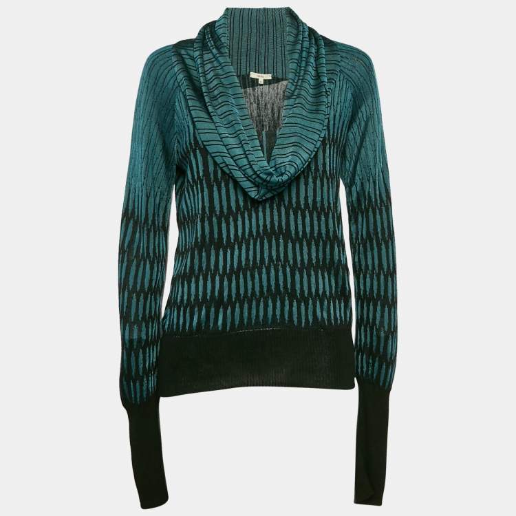 Pre Owned Kenzo Black & Teal Patterned Knit Cowl Neck Sweater XL