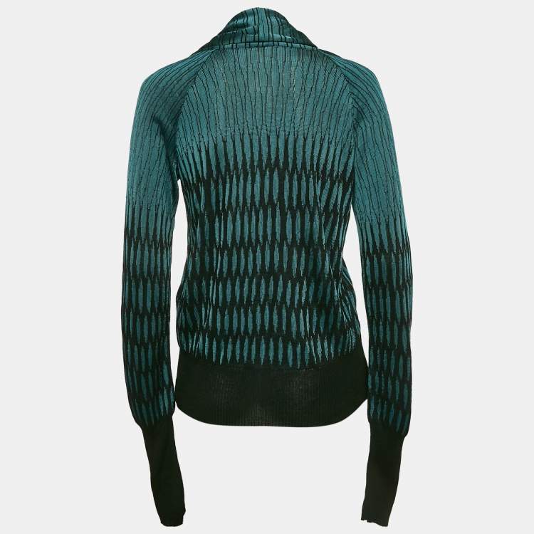 Pre Owned Kenzo Black & Teal Patterned Knit Cowl Neck Sweater XL