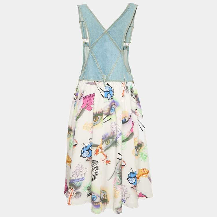 Pre Owned Kenzo Blue Eyes Print Silk and Denim Applique Detail Midi Dress M