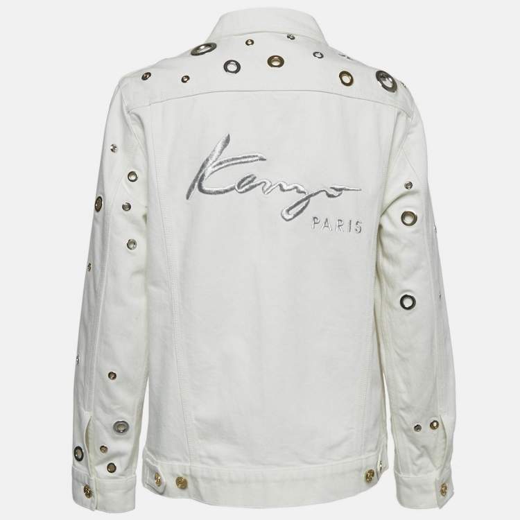 Pre Owned Kenzo White Grommet Cut-Out Denim Jacket L