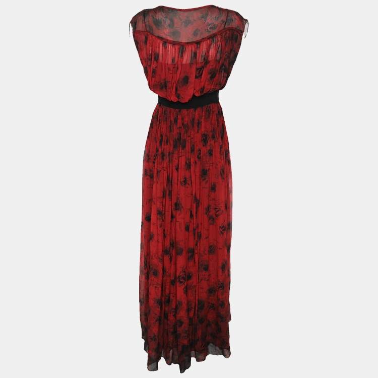 Pre Owned Kenzo Red/Black Floral Print Silk Dress L