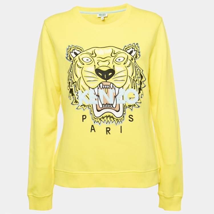 Pre Owned Kenzo Yellow Tiger Embroidered Cotton Crew Neck Sweatshirt L