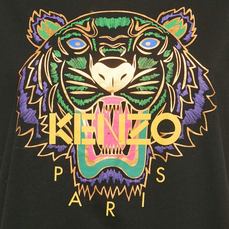 Pre Owned Kenzo Black Tiger Foil Print Cotton Short Sleeve T-Shirt L
