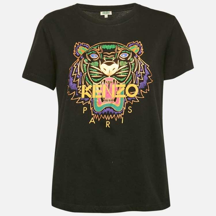 Pre Owned Kenzo Black Tiger Foil Print Cotton Short Sleeve T-Shirt L