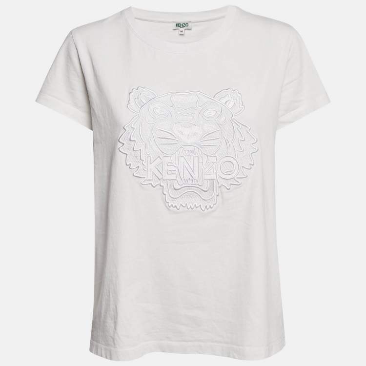 Pre Owned Kenzo White Logo Embroidered Cotton Half Sleeve T-Shirt M
