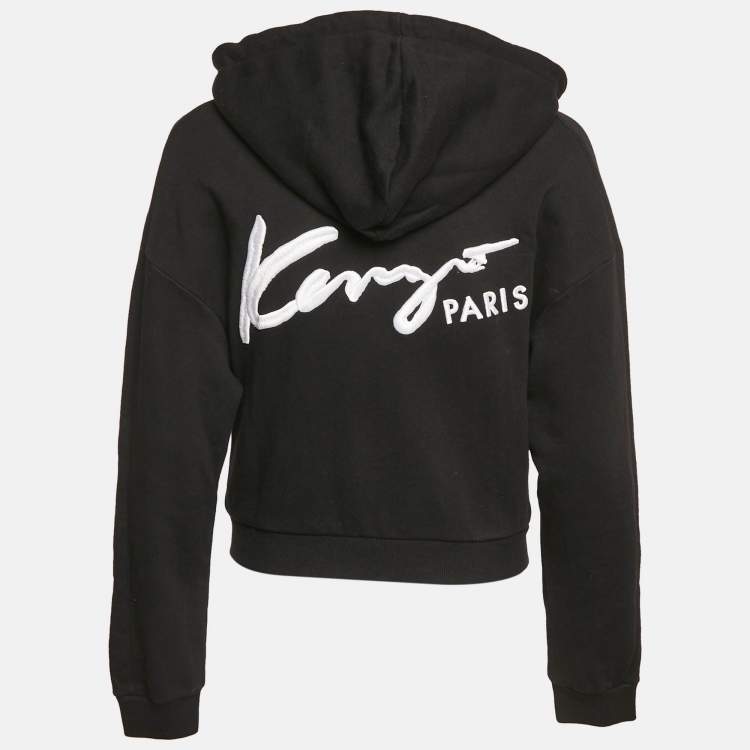 Pre Owned Kenzo Black Cotton Knit Zip-Up Hooded Jacket M