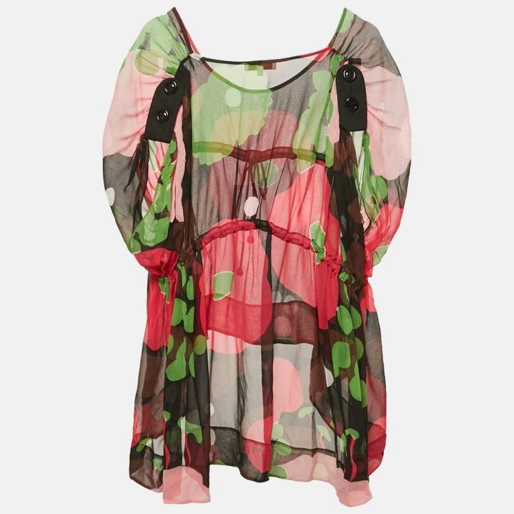 Pre Owned Kenzo Multicolor Printed Silk Cinched Waist Top M