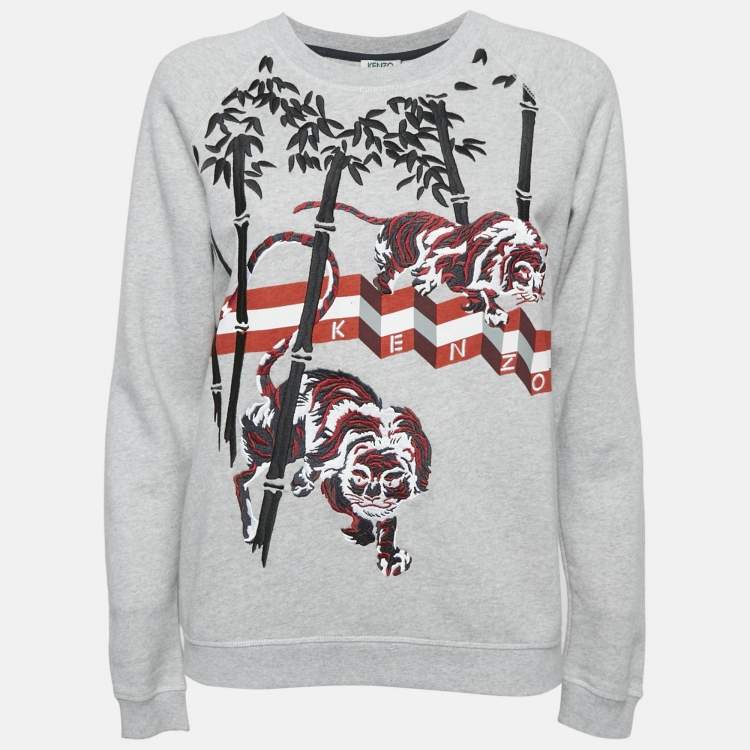 Pre Owned Kenzo Grey Embroidered Cotton Crew Neck Sweatshirt S
