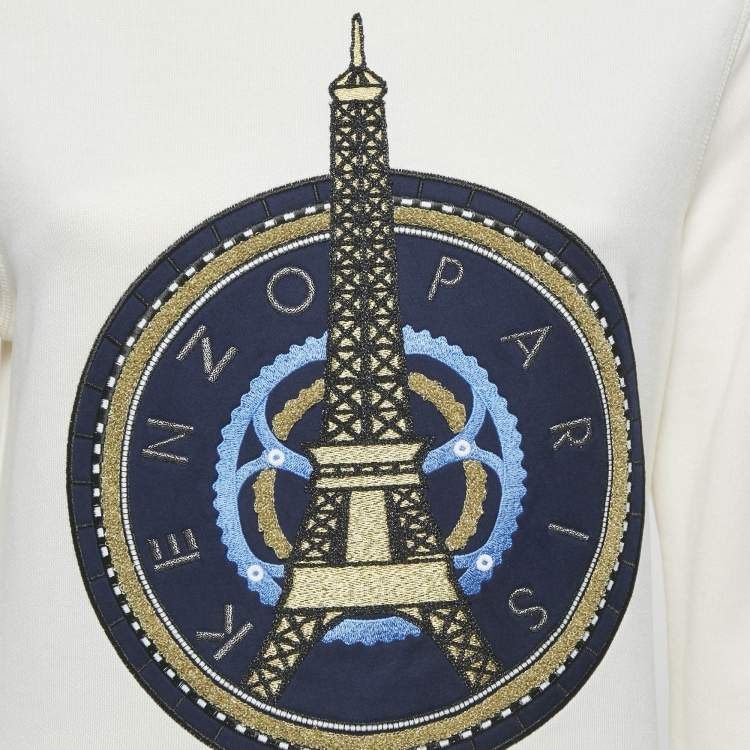 Pre Owned Kenzo Off-White Eiffel Tower Embroidery Cotton Crew Neck Sweatshirt S 