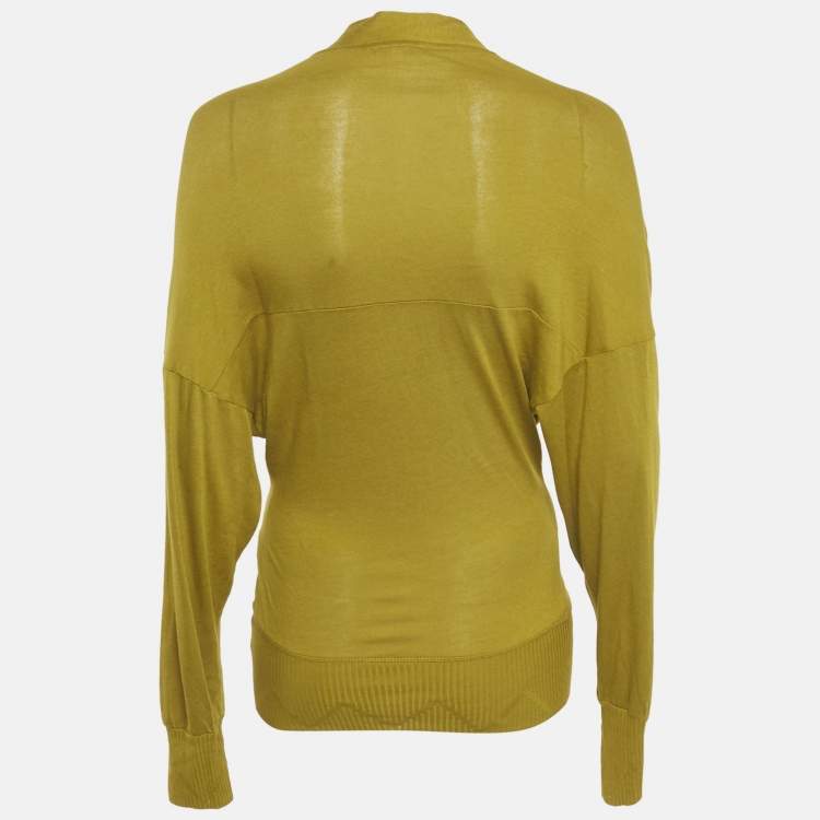 Pre Owned Kenzo Olive Yellow Cotton and Modal Knit V-Neck Long Sleeve Top S