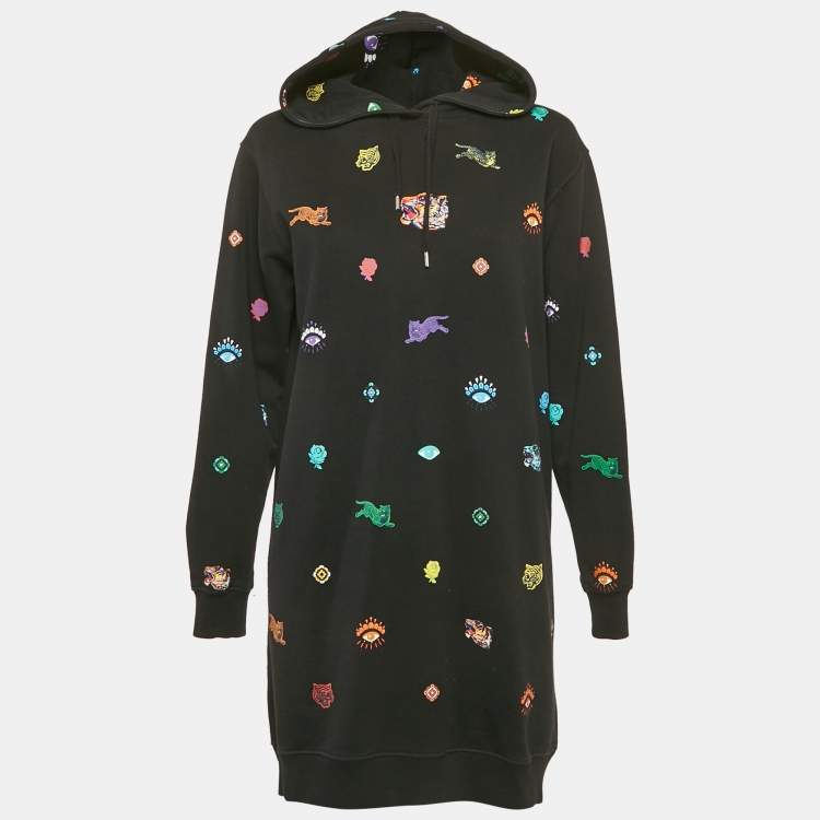 Pre Owned Kenzo Black Tiger Print Cotton Knit Hooded Mini Dress S
