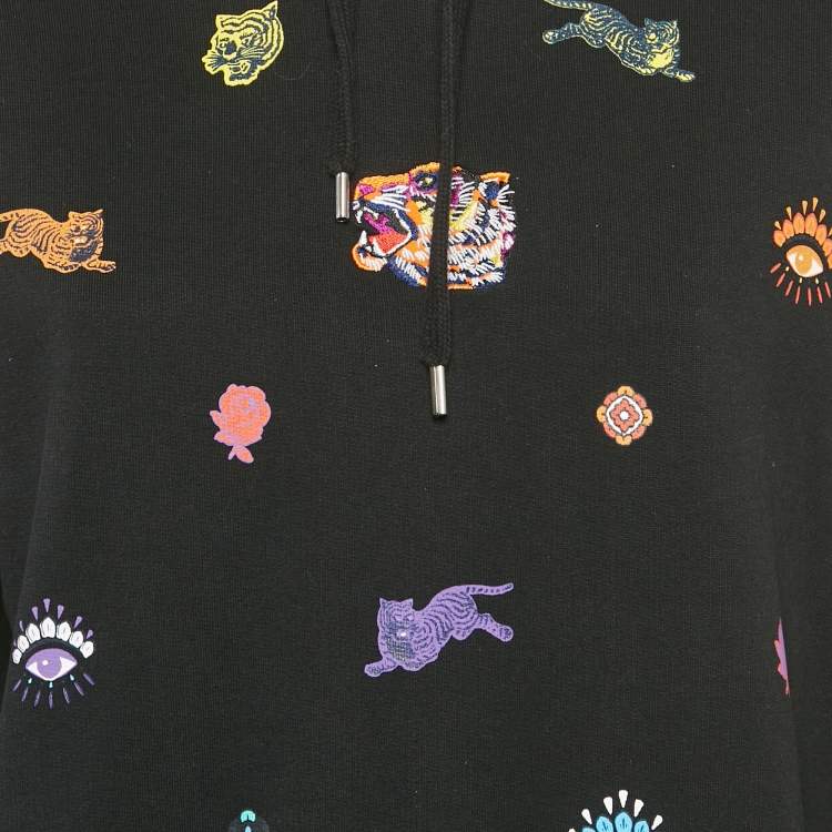 Pre Owned Kenzo Black Tiger Print Cotton Knit Hooded Mini Dress S