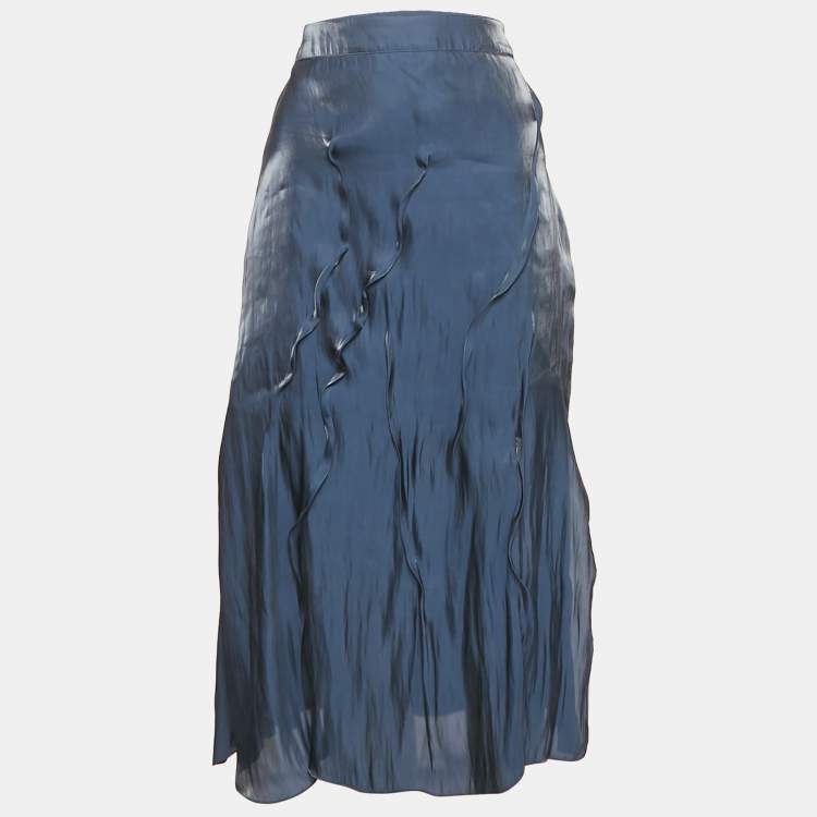 Pre Owned Kenzo Navy Blue Satin Wavy Pin Tucked Midi Skirt M
