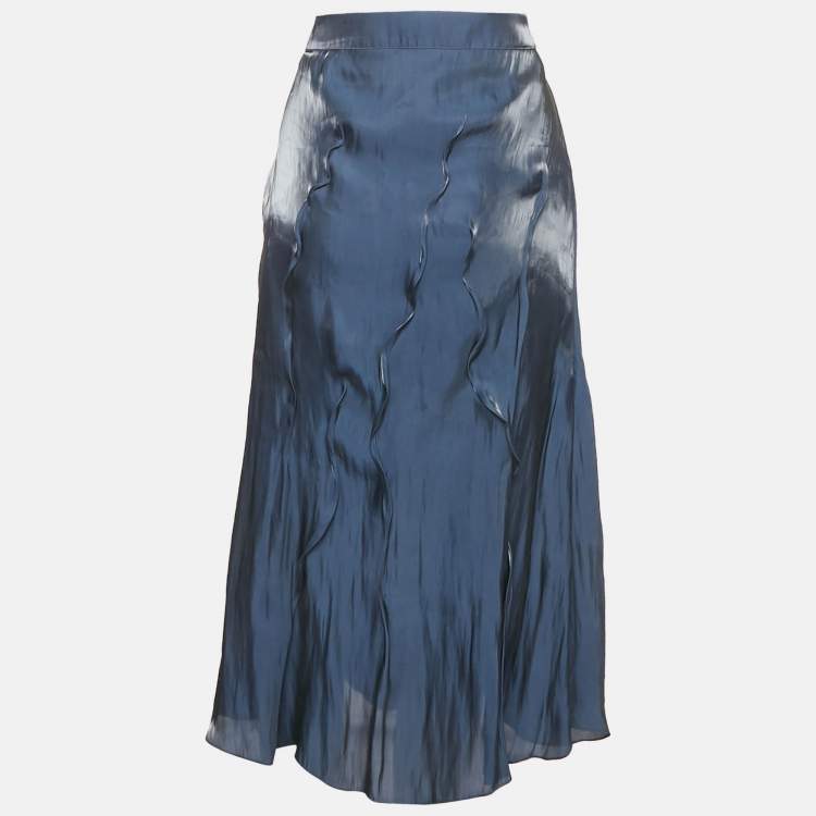 Pre Owned Kenzo Navy Blue Satin Wavy Pin Tucked Midi Skirt M