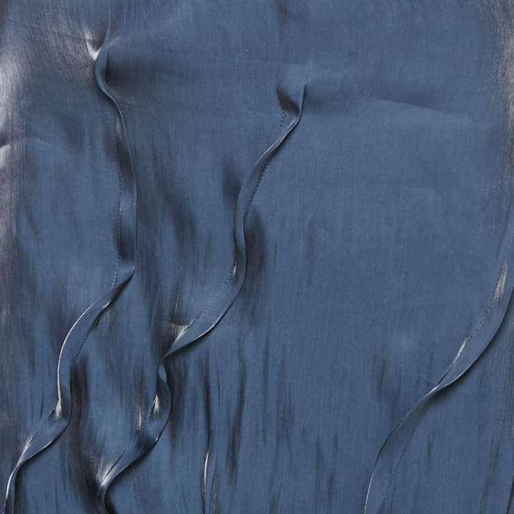 Pre Owned Kenzo Navy Blue Satin Wavy Pin Tucked Midi Skirt M