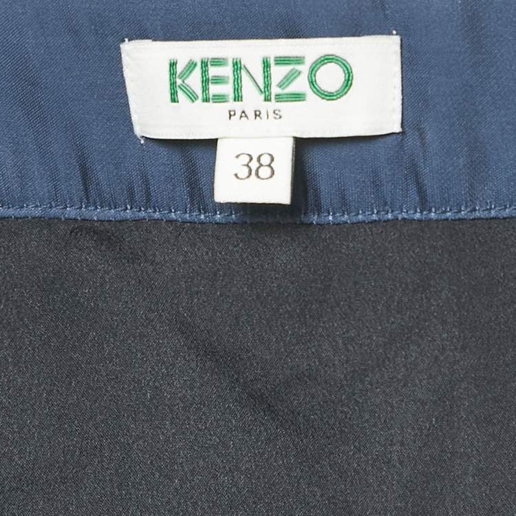 Pre Owned Kenzo Navy Blue Satin Wavy Pin Tucked Midi Skirt M