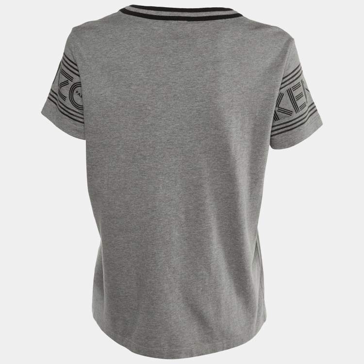 Pre Owned Kenzo Grey/Black Logo Cotton Printed Sleeve Round Neck T-Shirt M