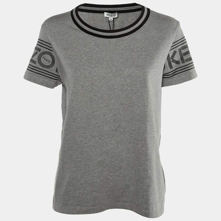 Pre Owned Kenzo Grey/Black Logo Cotton Printed Sleeve Round Neck T-Shirt M