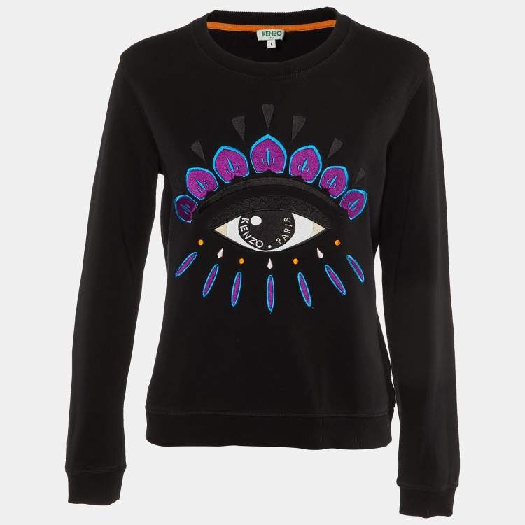 Pre Owned Kenzo Black Eye Embroidered Cotton Knit Sweatshirt L