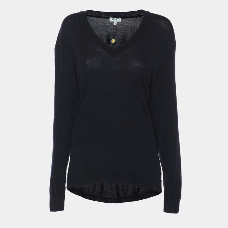 Pre Owned Kenzo Navy Blue Wool Knit V Neck Pullover Sweater S