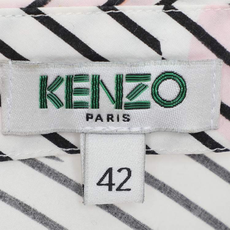 Pre Owned Kenzo White Striped Printed Cotton Tunic Blouse L