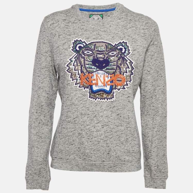 Pre Owned Kenzo Grey Tiger Embellished Cotton Crew Neck Sweatshirt M