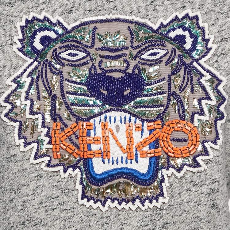Pre Owned Kenzo Grey Tiger Embellished Cotton Crew Neck Sweatshirt M