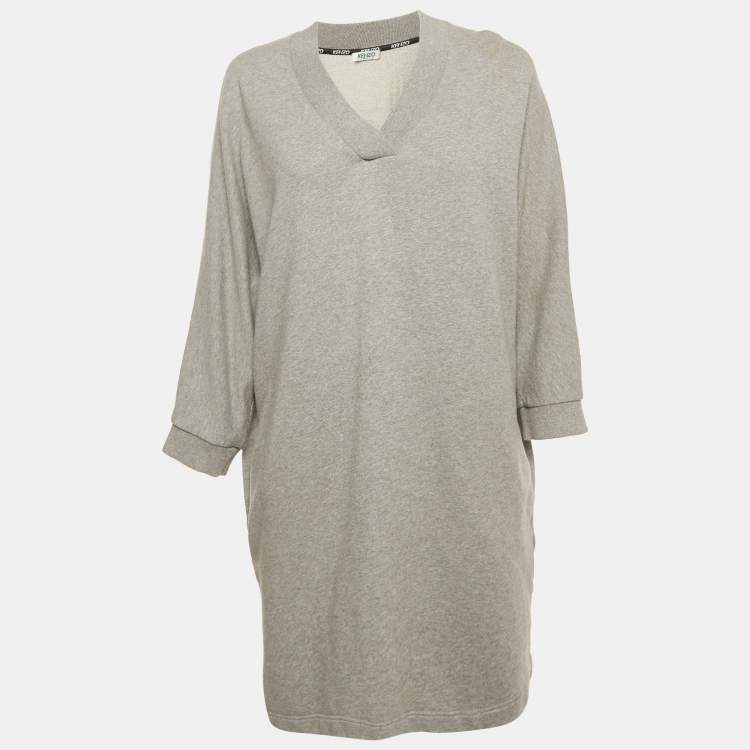 Pre Owned Kenzo Grey Cotton Knit V-Neck Sweatshirt Dress L