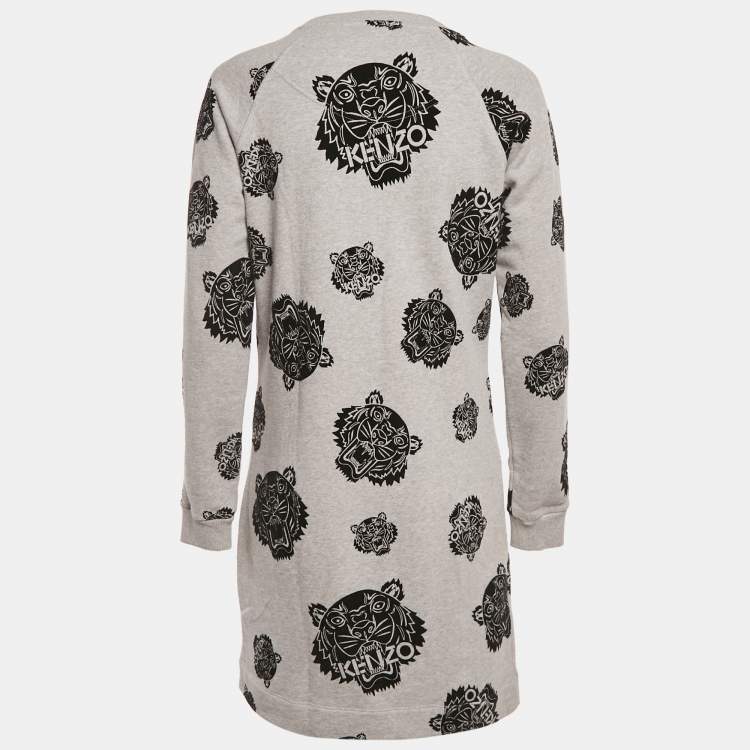 Pre Owned Kenzo Grey Flocked Triger Print Knit Mini Sweater Dress S