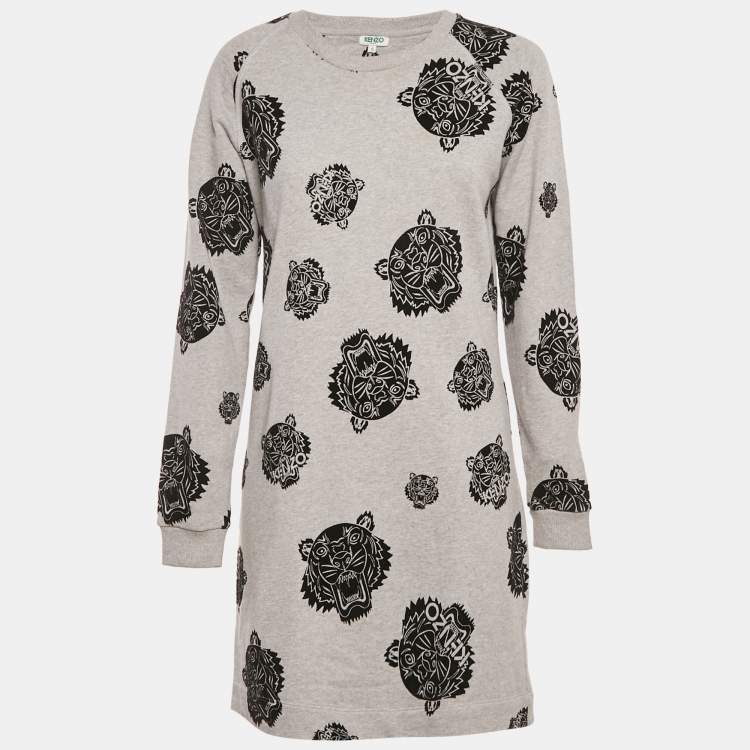 Pre Owned Kenzo Grey Flocked Triger Print Knit Mini Sweater Dress S