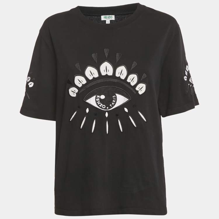 Pre Owned Kenzo Black Eye Embroidered Cotton Crewneck T-shirt L