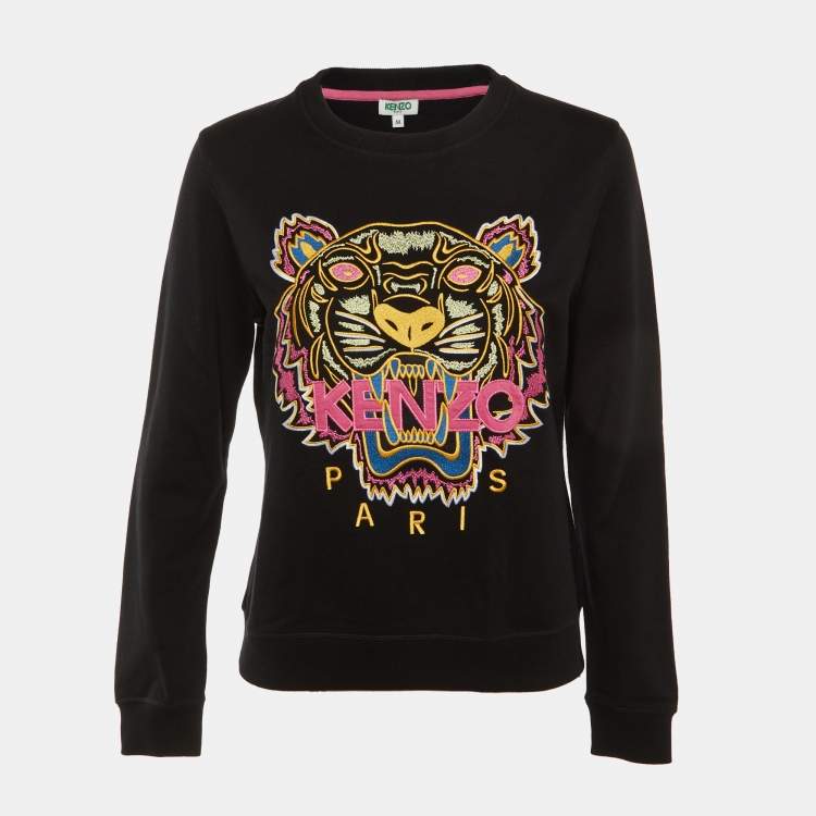 Pre Owned Kenzo Black Tiger Embroidered Cotton Crew Neck Sweatshirt M