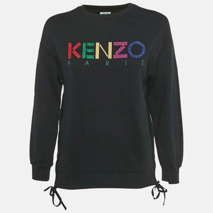 Pre Owned Kenzo Black Logo Lurex Embroidery Cotton Zip Detail Sweatshirt S