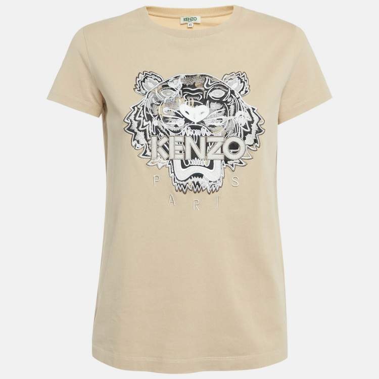 Pre Owned Kenzo Beige Tiger Embroidered Cotton T-Shirt XS