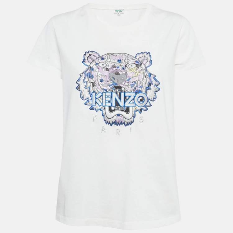 Pre Owned Kenzo White Tiger Embroidered Cotton T-Shirt S