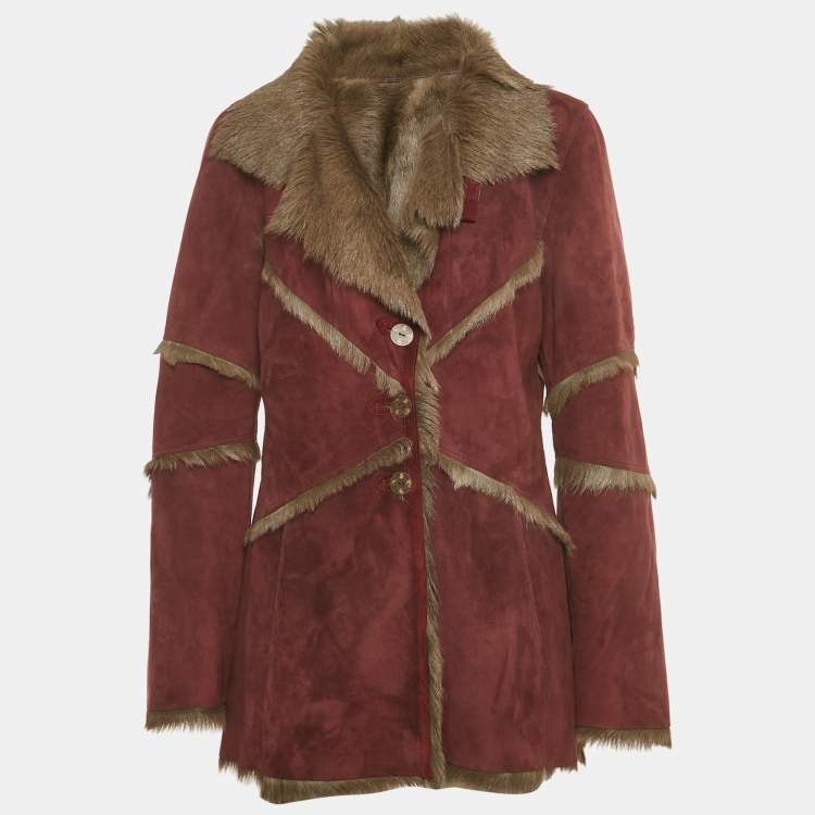 Pre Owned Kenzo Jungle Burgundy Suede and Fur Button Front Coat M