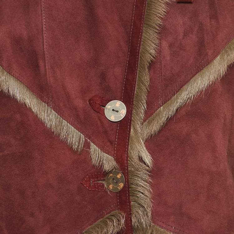 Pre Owned Kenzo Jungle Burgundy Suede and Fur Button Front Coat M