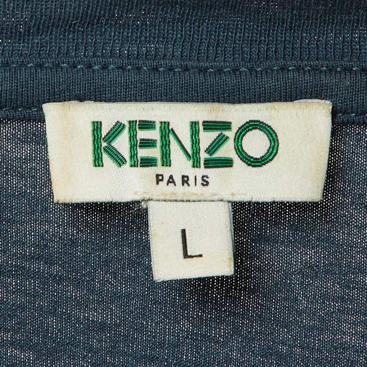 Pre Owned Kenzo Teal Tiger Logo Print Jersey Crew Neck T-Shirt L