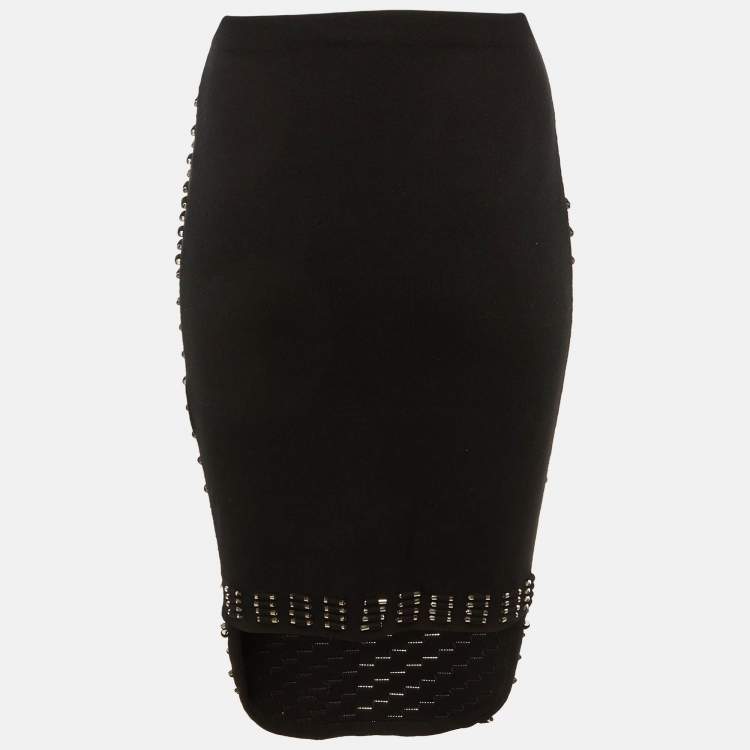 Pre Owned Kenzo Black Knit Studded Fitted Midi Skirt S