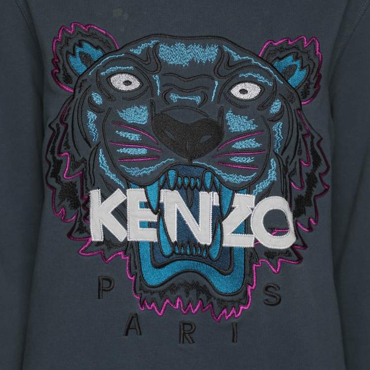 Pre Owned Kenzo Teal Blue Tiger & Logo Embroidered Knit Sweatshirt L