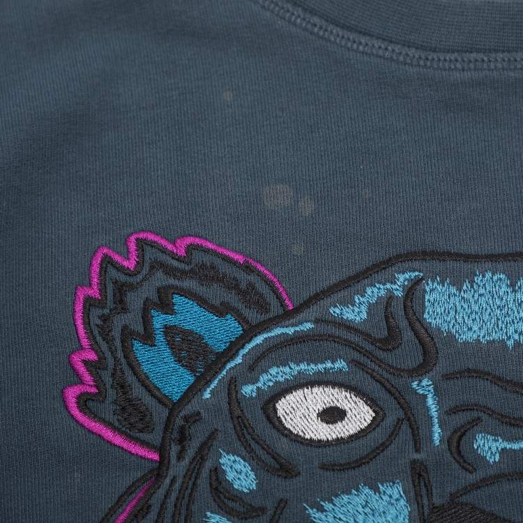 Pre Owned Kenzo Teal Blue Tiger & Logo Embroidered Knit Sweatshirt L