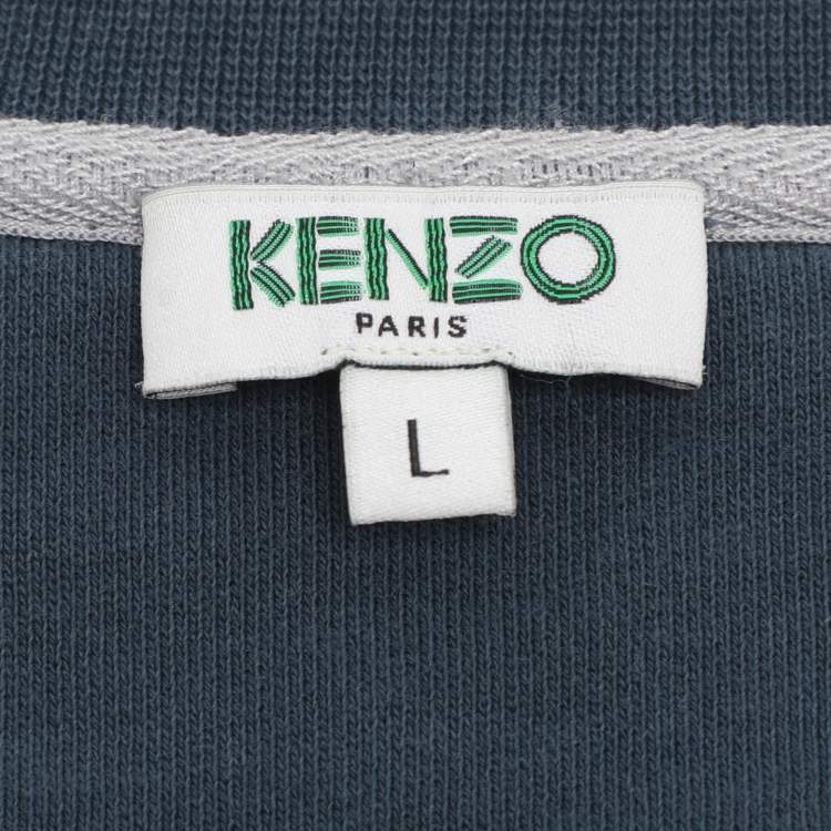 Pre Owned Kenzo Teal Blue Tiger & Logo Embroidered Knit Sweatshirt L