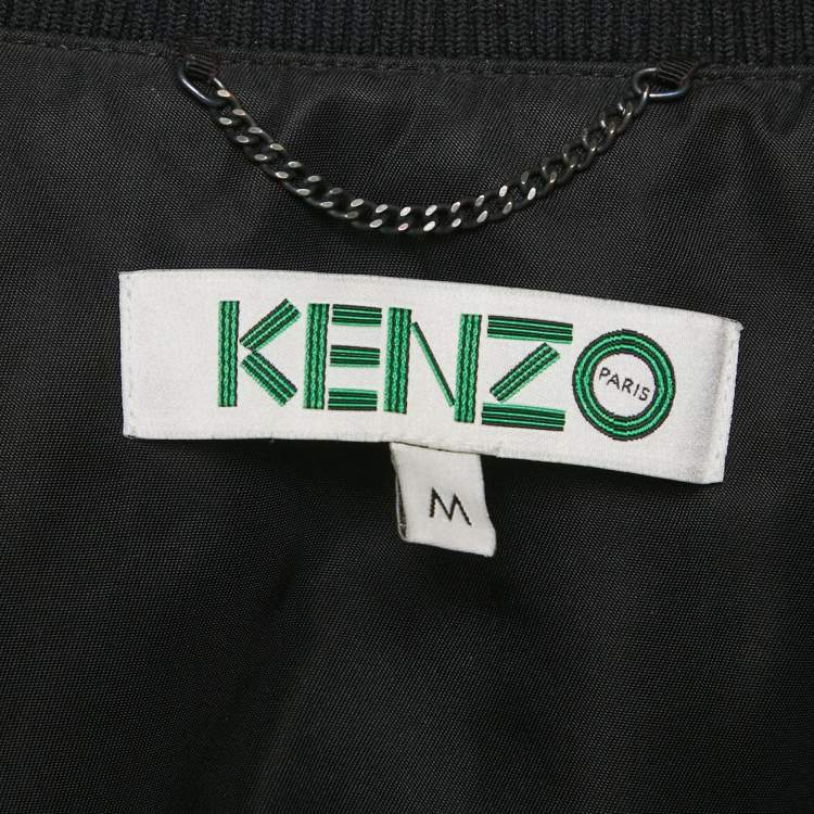 Pre Owned Kenzo Black Jumping Tiger Applique Synthetic Bomber Jacket  M