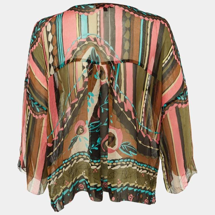 Pre Owned Kenzo Multicolor Printed Silk Applique Detail Top L