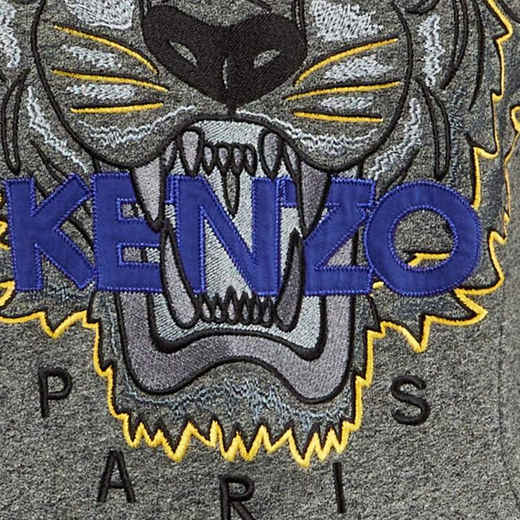 Pre Owned Kenzo Grey Tiger Embroidered Cotton Sweater Dress M