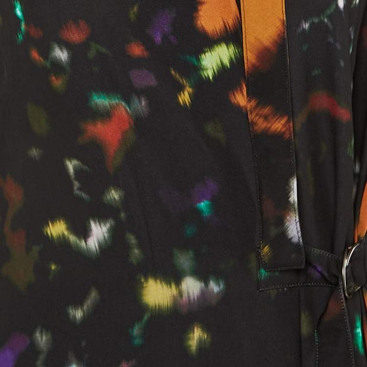 Pre Owned Kenzo Black Printed Crepe Wrap Midi Dress M