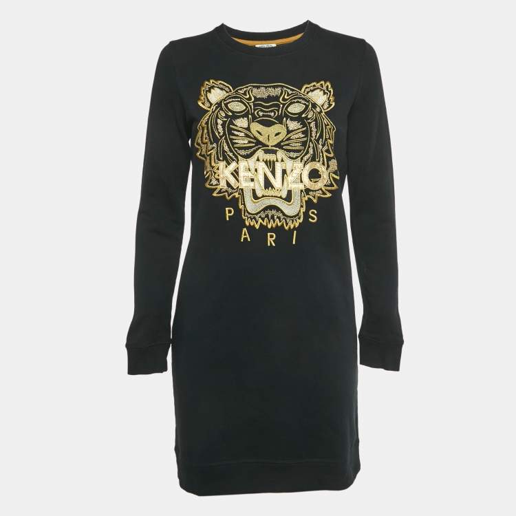 مملوكة مسبقًا Kenzo Black Tiger Embroidered Cotton Mini Dress S